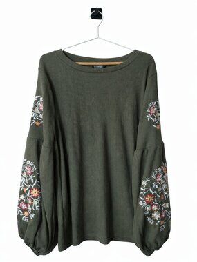 Olive Green Balloon Sleeve Embroidered Top